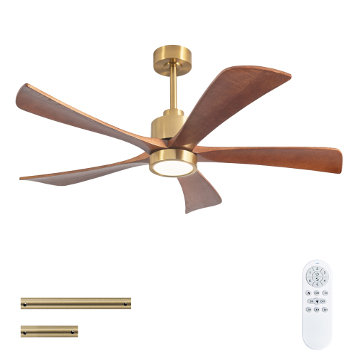 52" 5PCS Solid Wood Blades Fan Light,Solid Wood Ceiling Fan with Lights Quiet DC Motor  Ceiling Fans 6 Speed Levels,Reversible Ceiling Fan, for Living Room, Bedroom--GOLD+ Red walnut - Iron - American Design,Modern