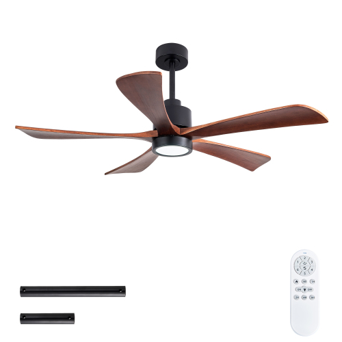 52" 5PCS Solid Wood Blades Fan Light,Solid Wood Ceiling Fan with Lights Quiet DC Motor Ceiling Fans 6 Speed Levels,Reversible Ceiling Fan, for Living Room, Bedroom--Matte Black+ Red walnut - Iron - American Design,Modern