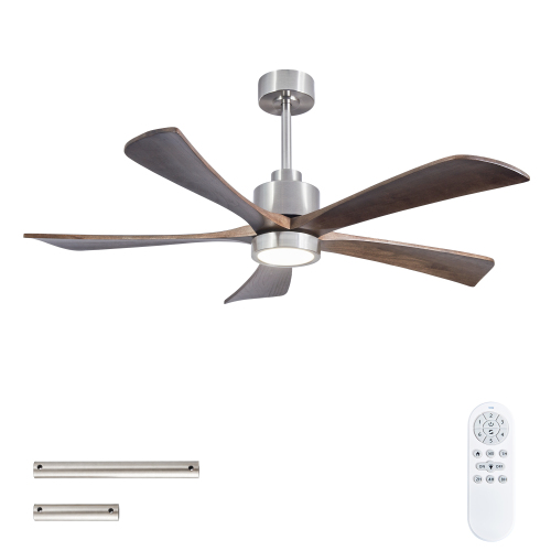 52" 5PCS Solid Wood Blades Fan Light,Solid Wood Ceiling Fan with Lights Quiet DC Motor  Ceiling Fans 6 Speed Levels,Reversible Ceiling Fan, for Living Room, Bedroom--Stain Nickel + Black walnut - Iron - American Design,Modern