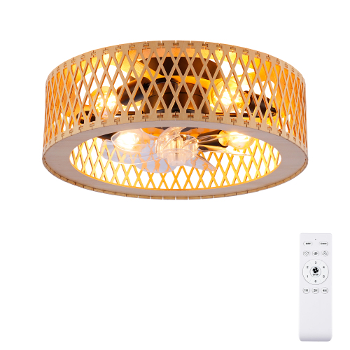 20'' Grid Caged Ceiling Fan with Light and Remote,20'' Fandelider Ceiling Fan with Light Flush Mount, Farmhouse Bladeless Ceiling Fans with Lights for Kitchen,Bedroom--Natural Wool--Bulb Not Inculded - Natural Wood - PC - Iron - American Design,Antique,Classic