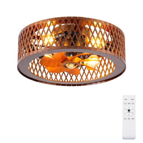 20'' Grid Caged Ceiling Fan with Light and Remote,20'' Fandelider Ceiling Fan with Light Flush Mount, Farmhouse Bladeless Ceiling Fans with Lights for Kitchen,Bedroom--Walnut color--Bulb Not Inculded - PC - Iron - American Design,Antique,Classic