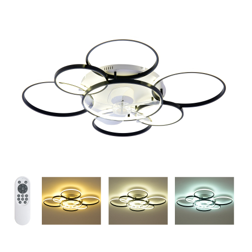 41" Modern Flush Mount Ceiling Fan with Tri-Color Light ,6-Speed Wind, Low Profile Ceiling Fans with Led Light and Remote Control for Living Room Bedroom Dining Room--Matte Black - Acrylic - Metal