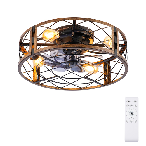 Caged Ceiling Fan with Light and Remote,20 inch Fandelider Ceiling Fan with Light Flush Mount, Farmhouse Bladeless Ceiling Fans with Lights for Kitchen,Bedroom--Matte Black--Bulb Not Inculded - PC - Iron - American Design,Antique,Classic - 20-Inch