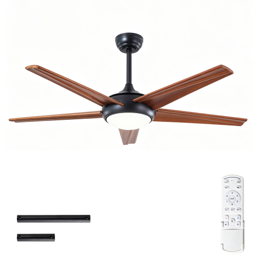 5 PCS Blades Solid Wood  52'' Ceiling Fan with Lights Quiet DC Motor,DC Remote Control  Ceiling Fans 6 Speed Levels,Reversible Ceiling Fan, for Patio Living Room, Bedroom--Matte Black + Red Walnut - Iron,Wood - American Design,Modern