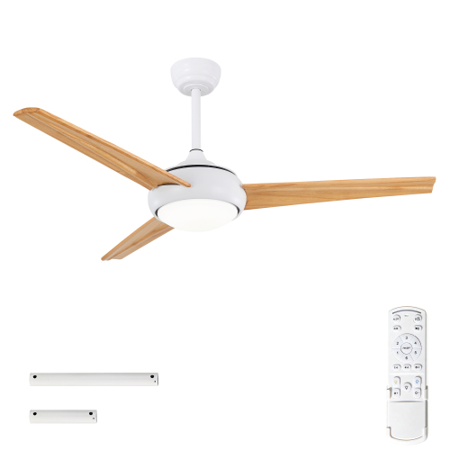 52" Solid Wood Ceiling Fan with Lights Quiet DC Motor,DC Remote Control Ceiling Fans 6 Speed Levels,Reversible Ceiling Fan, for Patio Living Room, Bedroom--Matte White + Natural Wood - Natural Wood,White - Iron,Wood - American Design,Modern