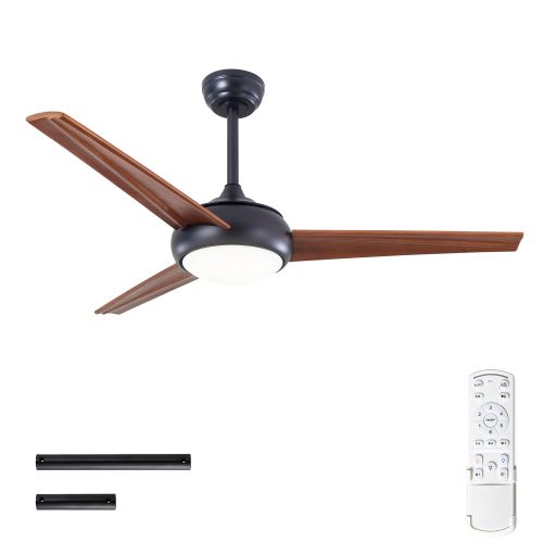 52" Solid Wood Ceiling Fan with Lights Quiet DC Motor,DC Remote Control Ceiling Fans 6 Speed Levels,Reversible Ceiling Fan, for Patio Living Room, Bedroom--Matte Black + Red Walnut - Iron,Wood - American Design,Modern
