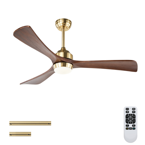 52" Solid Wood Blades Ceiling Fan with Lights Remote Control,Quiet DC Motor 3 Blade Ceiling Fans 6 Speed Levels,Reversible Ceiling Fan, for Patio Living Room, Bedroom, Office,Indoor.(GOLD) - Metal & Wood - Acrylic