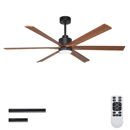60" Solid Wood Ceiling Fan with Lights Quiet DC Motor Ceiling Fans 6 Speed Levels,6 PCS Large Size Solid Wood Blades ,Reversible Ceiling Fan, for Living Room, Bedroom--Matte Black + Red walnut - Iron - American Design,Modern