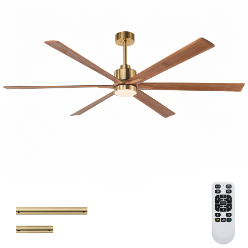 70" Solid Wood Ceiling Fan with Lights Quiet DC Motor Ceiling Fans 6 Speed Levels,6 PCS Large Size Solid Wood Blades ,Reversible Ceiling Fan, for Living Room, Bedroom--Gold + Red walnut - Iron - American Design,Modern