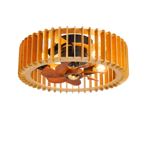 20" Modern Flush Mount Fan Light,Ceiling Fans with Lights(NO INCLUDED BULBS) and Remote Control, 6 Speeds, Quiet DC Motor For Living room, Bedroom,Kitchen----Natural Wood - PC,Wood+Metal - Iron - American Design,Antique,Classic