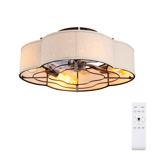 20" Indoor Flower Fabric Shade Ceiling Fan Light, Fabric Farmhouse 7 PCS Blades Ceiling fan With Remote Control, Quiet DC Motor Ceiling Fan For Living room, Bedroom,Kitchen--Matte Black - Fabric+Metal,PC - Iron - American Design,Antique,Classic
