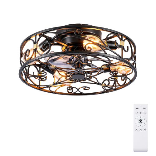 20'' Mounting Type Caged Ceiling Fan with Lights and Remote Control ,Reversible Motor,DC Remote Control,6 Speed Ceiling Fan,Timing,for Living Room,Bedroom, Dining Room--Matte Black--Bulb Not Inculded - PC - Iron - American Design,Antique,Classic