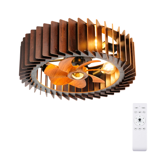 20" Modern Flush Mount Fan Light,Ceiling Fans with Lights(NO INCLUDED BULBS) and Remote Control, 6 Speeds, Quiet DC Motor For Living room, Bedroom,Kitchen--Walnut - PC,Wood+Metal - Iron - American Design,Antique,Classic