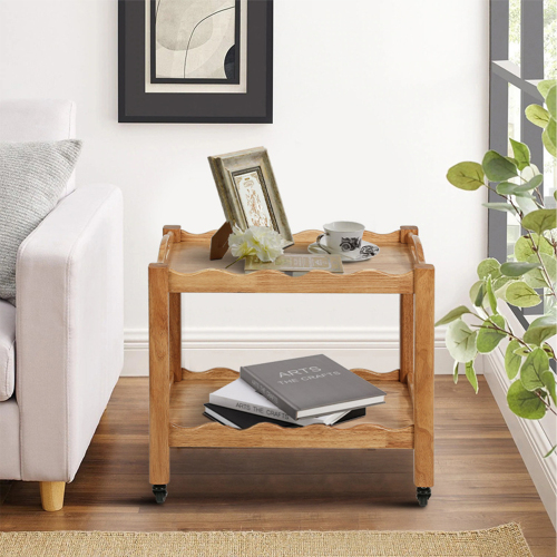 Solid Rubberwood Rolling Side Table, 2-Tier with Lockable Wheels & Removable Tray, Sturdy Durable for Bar Cart, Nightstand, End Table, Sofa Table - Natural Wood - Rubber Wood - Minimalist - Open Storage - Primary Living Space - Natural Wood - Rubber Wood - Not Specified - Not Specified - Not Specified - Not Specified - Not Specified - Not Specified