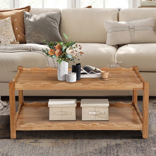 Modern 2 Tier Coffee Table for Living Room Furniture, Rectangular Center Table with Open Storage Shelf, Solid Rubberwood Legs, Stable and, Easy Assembly - Natural Wood - Rubber Wood - Minimalist - Not Specified - Not Specified - Primary Living Space - Not Specified - Light Brown - Rubber Wood - Light Brown - Floor Mount - Coffee & End Tables