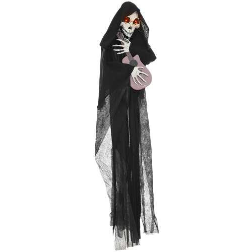 HOMCOM 4.3' Outdoor Halloween Decoration Animatronic Guitar-playing Grim Reaper, Sound and Motion Activated Animated Prop with Light Up Eyes & Guitar Music - Black - Polyester