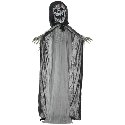 Outsunny 74" Life Size Outdoor Halloween Decorations Skeleton Witch, Animated Prop Animatronic Decor with Sound and Motion Activated, Light Up Eyes and Chest, Howling and Chain Sound - Grey - Polyester