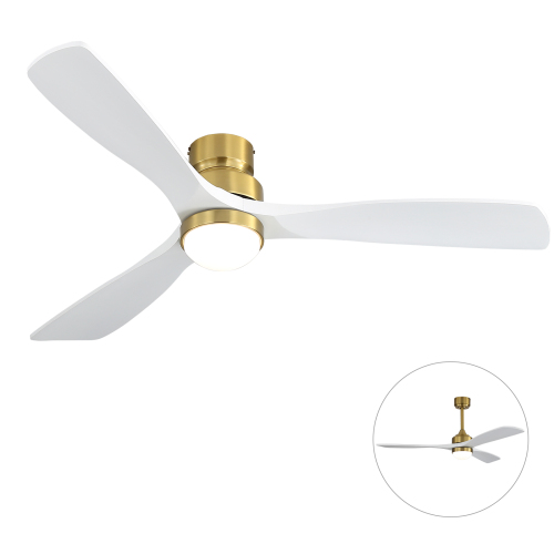 52-Inch Ceiling Fan with Light, 2 Mounting Options (Flush Mount/Downrod), DC Motor, Ideal for Bedroom and Living Room - Gold+White - Wood - White - Wood