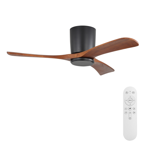 42-Inch Flush Mount Ceiling Fan with No Light, DC Reversible Motor, 1/2/4/8H Timer, 3 Solid Wood Blades - Black - Black