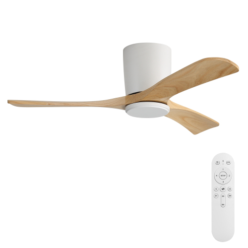 42-inch ceiling fan without light, Low-profile design, Quiet DC motor, 3 solid wood blades,Remote control included - White+Natural - Natural