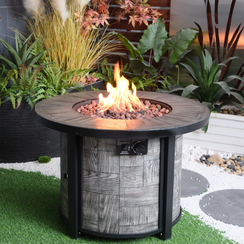 Outdoor Propane Fire Pit, Square Stonecrest Gas Fire Pit for Outside Patio, Concrete Propane Fire Table 50,000 BTU Gas Fire Pit w Lava Rocks, Waterproof Cover - Acacia Wood - Magnesium Oxide
