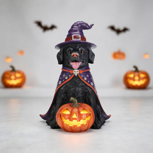 Halloween Black Labrador Retriever Dog Statue, Large Sitting Dog Figurine with Witch Hat & Cape, LED Light Up Jack-O-Lantern Pumpkin - Black+Orange,Purple - Resin - Orange