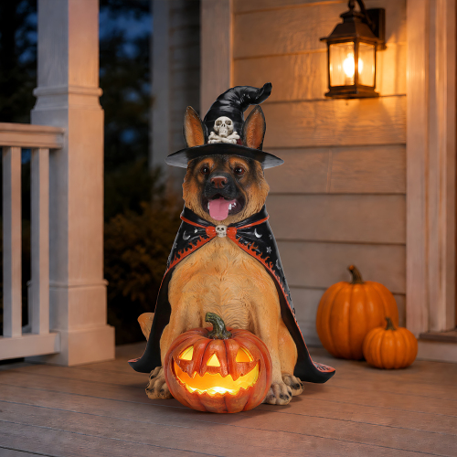 Halloween German Shepherd Dog Statue, Large Sitting Dog Figurine with Witch Hat & Cape, LED Light Up Jack-O-Lantern Pumpkin - Yellow+Black - Resin - Brown - Yellow