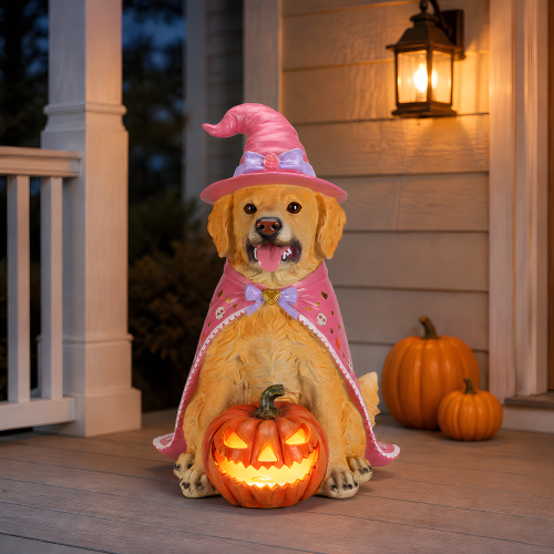 Halloween Golden Retriever Dog Statue, Large Sitting Dog Figurine with Pink Witch Hat & Cape, LED Light Up Jack-O-Lantern Pumpkin - Brown+Yellow,Pink - Resin - Orange