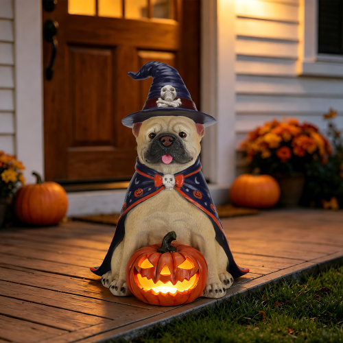 Halloween Bulldog Witch Statue, LED Light Up Jack-O-Lantern Pumpkin - Beige,Orange - Resin - Not Specified - Beige