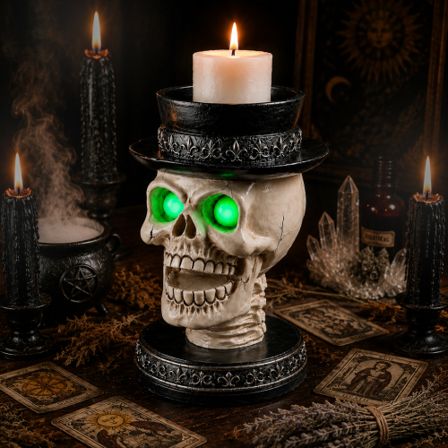 Halloween Skull Candle Holder with Glowing Green Eyes, Gothic Open Mouth Skeleton Head Statue with Black Top Hat, Spooky Tabletop Decor for Home Party - Black White - Resin - Black White - Resin