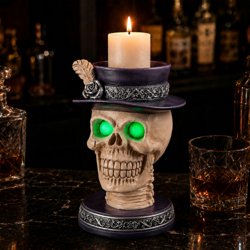 Halloween Skull Candle Holder with Glowing Green Eyes, Gothic Skeleton Head Statue with Feather Top Hat, Spooky Tabletop Decor - Black White - Resin - Black White - Resin