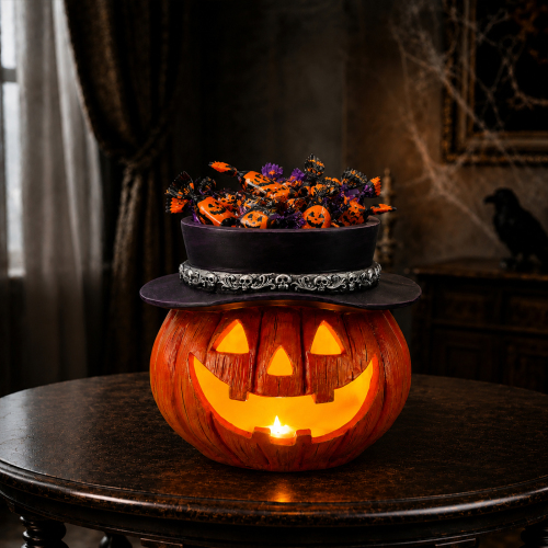 Halloween Pumpkin Candy Bowl with Witch Hat, Light Up Jack O Lantern Decoration, Spooky Tabletop Storage Container for Home Party Decor - Yellow+Black - Resin - Black - Yellow