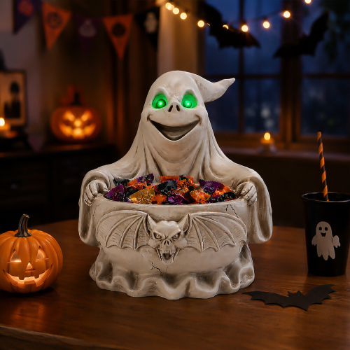 Halloween Ghost Storage Bowl Figurine, Spooky Candy Dish with LED Light for Halloween Party - White - Resin - White - Resin