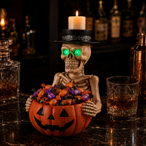 Halloween Skeleton Figurine with Pumpkin Candy Bowl & Candle Holder, Spooky Table Decor for Halloween - White + Orange-Red - Resin - Orange-Red - Resin