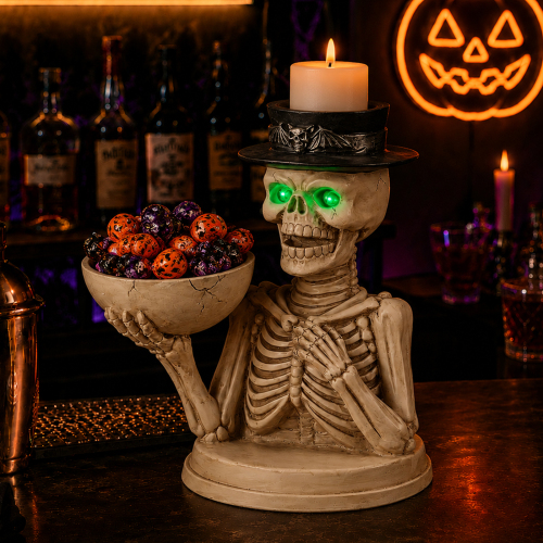 Halloween Skeleton Figurine with Storage Bowl & Candle Holder, Spooky Halloween Decor for Indoor Home - White+Black - Resin - Black - Resin