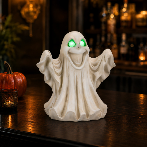 Halloween Ghost Figurine - LED Light Up with Glowing Eyes - White - Resin - White - Resin