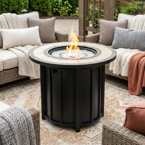 30" Propane Gas Fire Pit Table, 50000 BTU Round Steel Fire Pit with Mosaic Ceramic Tabletop for Outside Patio Deck Garden Backyard- Black - Black+Brown - Classic,French,Luxury,Modern - Garden & Outdoor