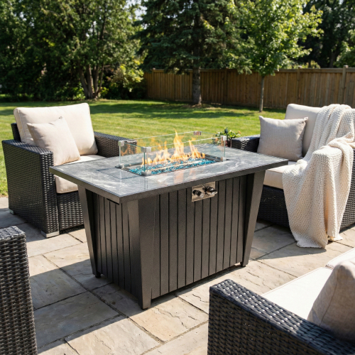 42-Inch Gray Steel Propane Fire Pit Table, 60,000 BTU, Glass Guard