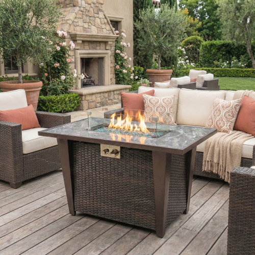 42-Inch 60,000 BTU Propane Fire Pit Table with Brown Wicker, Glass Wind Guard