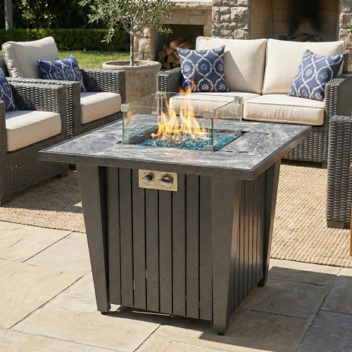32-Inch Gray Steel Square Propane Fire Pit Table, 50,000 BTU Glass Guard