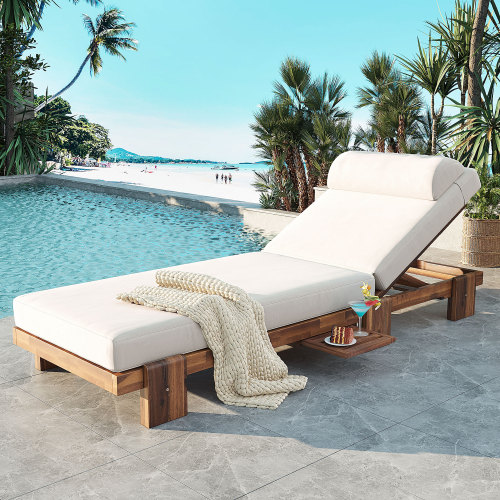 Beige 78.8-Inch Acacia Wood Adjustable Outdoor Chaise Lounge