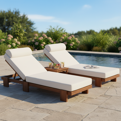 Beige 2-Piece 78.8-Inch Acacia Wood Adjustable Chaise Lounge Set