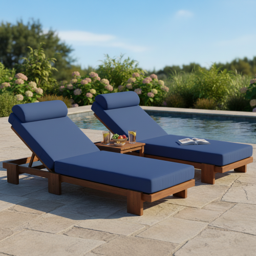 2-Piece 78.8-Inch Navy Blue Acacia Wood Outdoor Chaise Lounge Set