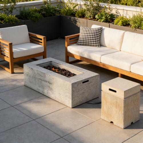 U_STYLE 2-Piece Fire Pit Set: 41.9" Propane Fire Pit (40,000 BTU) with Burner & Lava Rocks and  15.75" MGO Tank Cover Table for 20 lb Tank, Waterproof Cover, for Patio & Backyard - Brown,Grey - Magnesium Oxide - Beige - brown