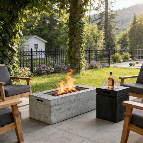 U_STYLE 2-Piece Fire Pit Set: 41.9" Propane Fire Pit (40,000 BTU) with Burner & Lava Rocks and  15.75" MGO Tank Cover Table for 20 lb Tank, Waterproof Cover, for Patio & Backyard - Black,Light Gray - Magnesium Oxide - Magnesium Oxide - Light Gray