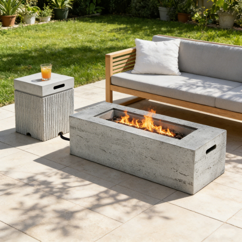 U_STYLE 2-Piece Fire Pit Set: 41.9" Propane Fire Pit (40,000 BTU) with Burner & Lava Rocks and  15.75" MGO Tank Cover Table for 20 lb Tank, Waterproof Cover, for Patio & Backyard - Beige,Light Gray - Magnesium Oxide - Beige - Light Gray