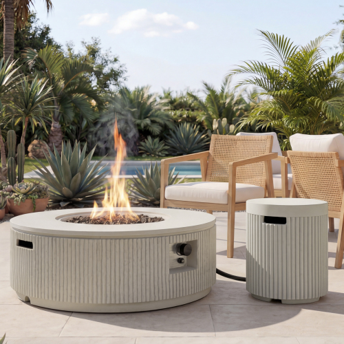 38.19-Inch Beige Gray & White MGO Fire Pit with 16.93-Inch Cover