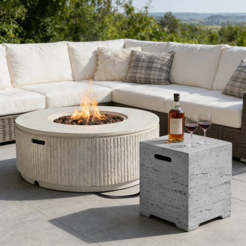 2-Piece 38.19-Inch MGO Propane Fire Pit Set, Beige and Light Grey
