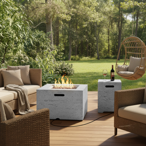 U_STYLE 24.02'' Square MGO Propane Fire Pit Set, 40,000 BTU Outdoor Fire Pit Table with Steel Burner, Adjustable Flame, Lava Rocks & Rain Cover, Includes 15.75'' Propane Tank Cover Table, No Assembly - Grey,LIGHT GREY - Magnesium Oxide - Grey - LIGHT GREY