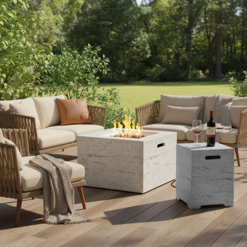U_STYLE 24.02'' Square MGO Propane Fire Pit Set, 40,000 BTU Outdoor Fire Pit Table with Steel Burner, Adjustable Flame, Lava Rocks & Rain Cover, Includes 15.75'' Propane Tank Cover Table, No Assembly - Grey,White - Magnesium Oxide - White - Magnesium Oxide